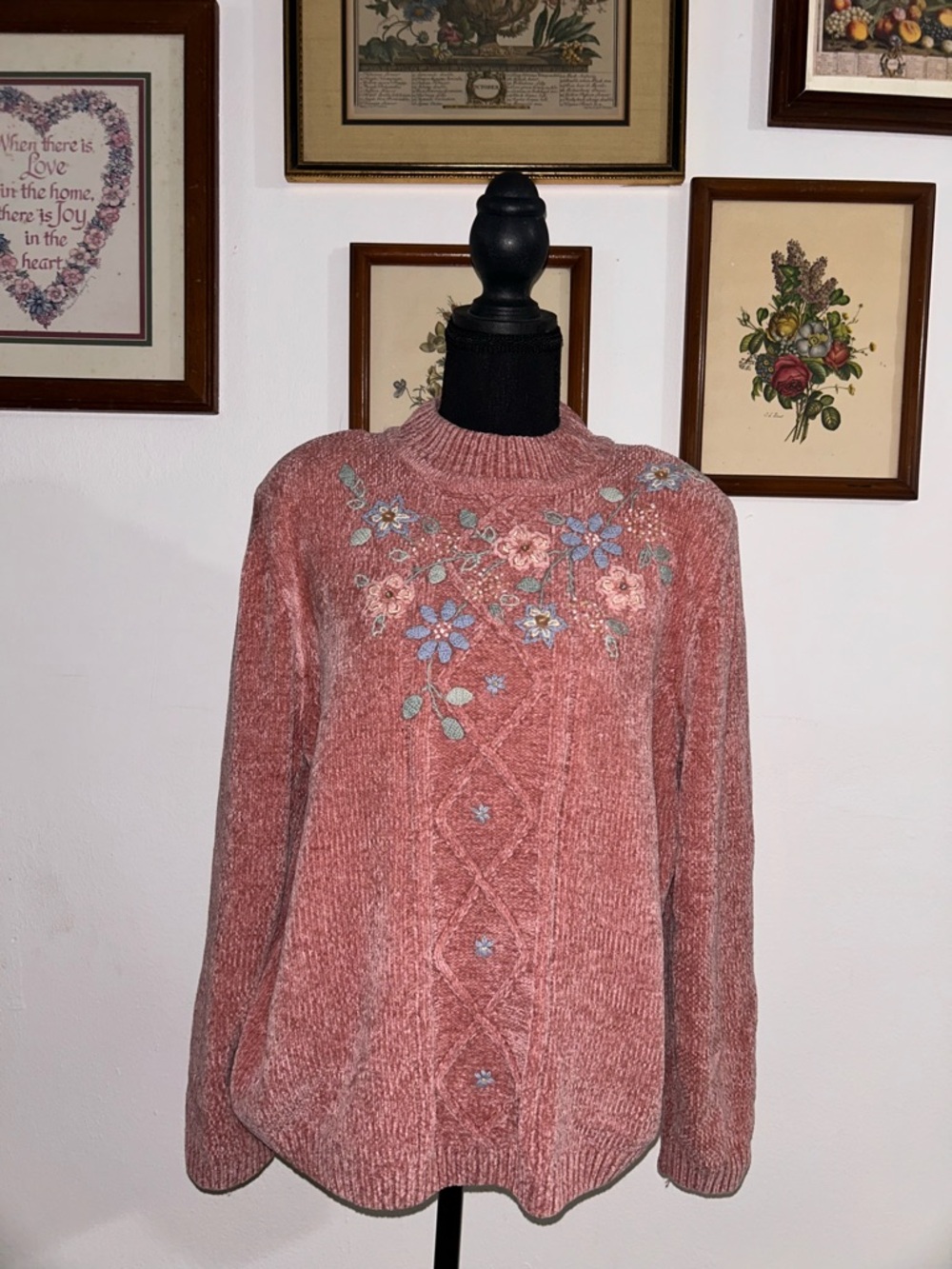 Alfred Dunner Dusty Rose Chenille Turtleneck Sweater with Floral Embroidery